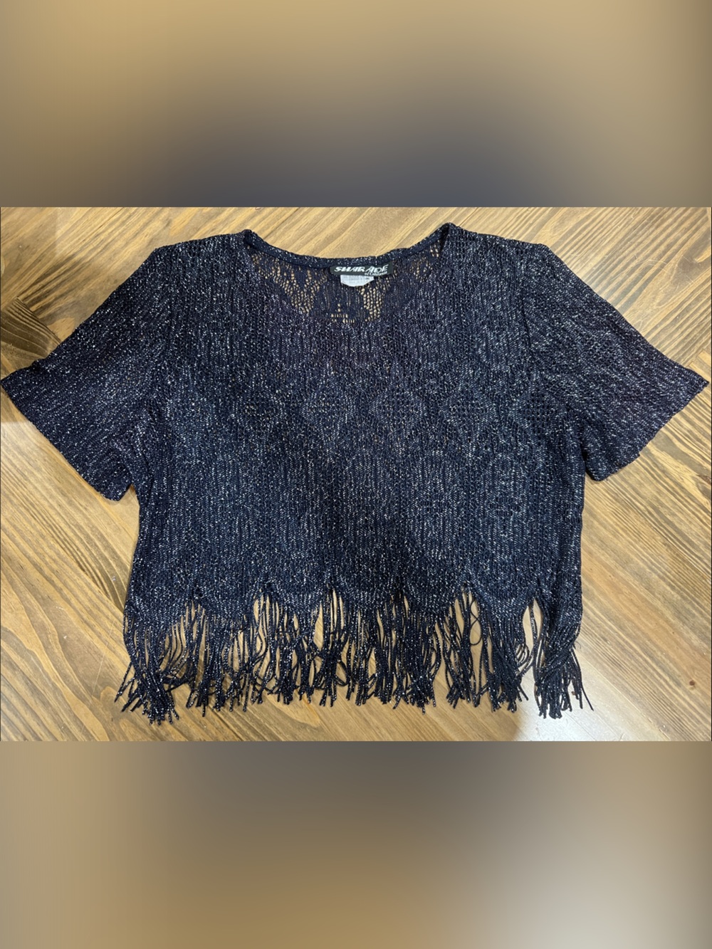 Fringe Hem Lightweight Black Metallic Top